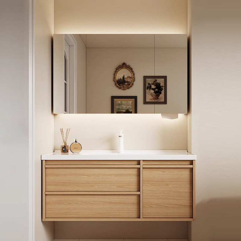 Japanese Furniture Hardware - ตู้ห้องน้ำเซรามิกสไตล์ญี่ปุ่นแบบรวมอ่างล้างหน้า พร้อมตู้เก็บของลายไม้และลายกระดูก พร้อมอ่างล้างมือและโถสุขภัณฑ์