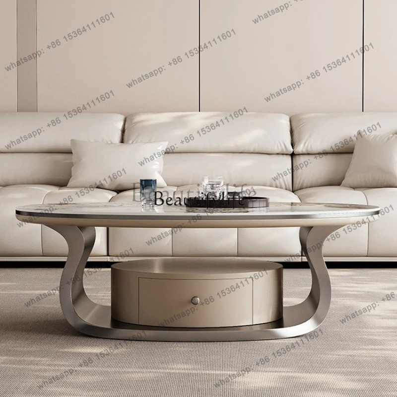 Z. A. Furniture - โต๊ะกาแฟทรงวงรีหินอ่อนหรูหราสไตล์โมเดิร์นเรียบง่าย พร้อมที่เก็บของ