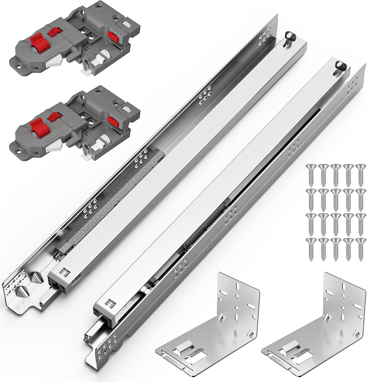 Drawer Slide Pair - รางลิ้นชักแบบซ่อนใต้เคาน์เตอร์ขนาด 21 นิ้ว พร้อมระบบปิดแบบนุ่มนวล รองรับการเลื่อนเต็มระยะ มาพร้อมอุปกรณ์ล็อก