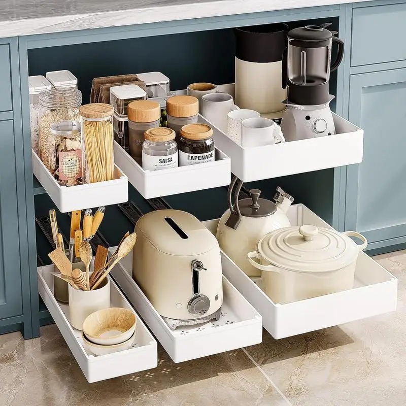 Drawer Slide Pair - ชั้นวางของในครัวแบบดึงออกได้ 1-2 ชิ้น ชั้นวางของในตู้แบบลิ้นชักพร้อมรางเลื่อน สำหรับจัดระเบียบตู้ในห้องเก็บของ