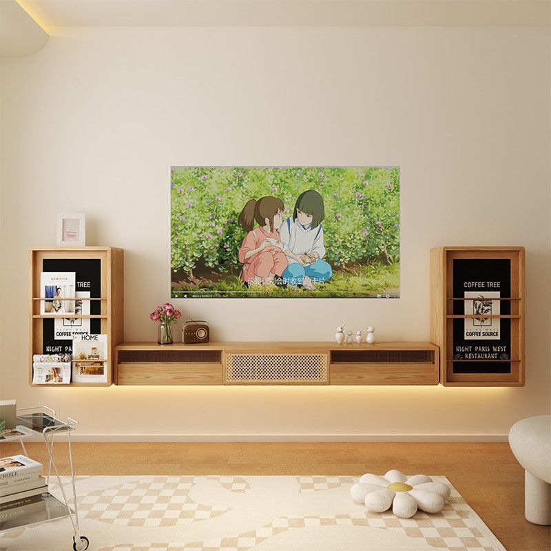 Japanese Furniture Hardware - ตู้วางทีวีแบบแขวนผนังไม้จริงสไตล์ญี่ปุ่นพร้อมโต๊ะกาแฟแบบแขวนผนังสำหรับห้องนั่งเล่น