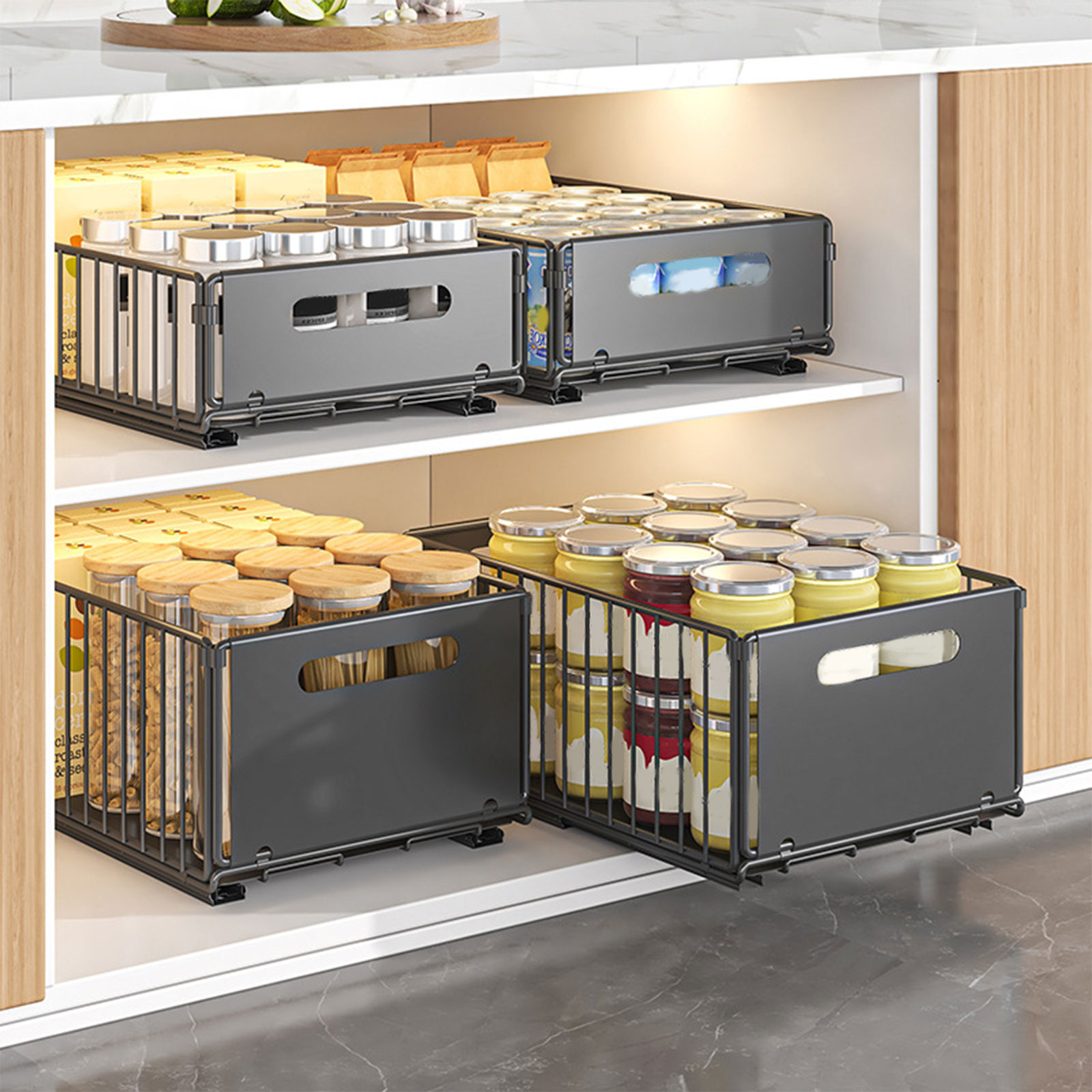 Drawer Slide Pair - ชั้นวางของในครัวแบบดึงออกได้พร้อมรางเลื่อน กล่องใส่เครื่องเทศแบบลิ้นชักสำหรับตู้เก็บของ